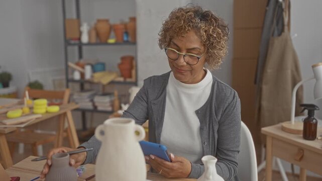 Woman using tablet and stylus, sketching with hands among ceramic vases on a worktable in studio; serene creativity.