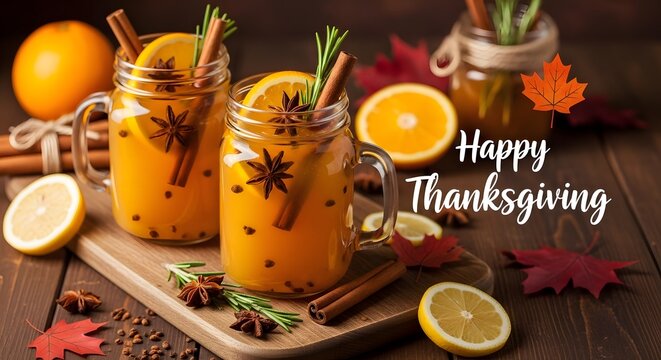 Two glass mugs of hot spiced orange cider with cinnamon sticks and star anise for thanksgiving celebration
