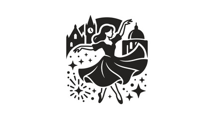 Fototapeta premium Female dancer performing in front of old city silhouette.