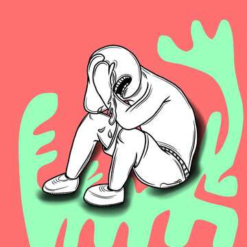 Sad hand drawn cartoon character sitting with head down and crying expression, surrounded by bold colorful abstract shapes, conveying loneliness, sadness, emotional struggle, stress, and negative emot
