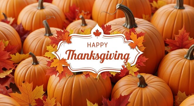 Happy thanksgiving greeting card featuring a festive background of orange pumpkins and colorful autumn fall leaves