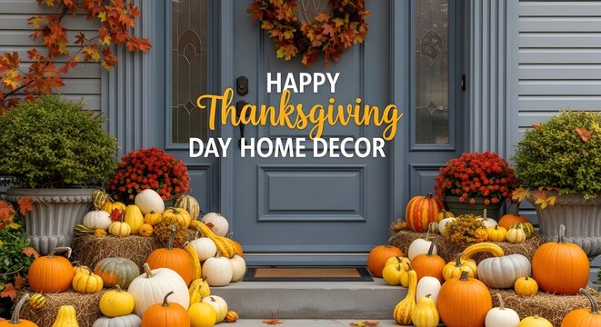 Festive thanksgiving home decor featuring a front porch decorated with pumpkins gourds and autumn foliage