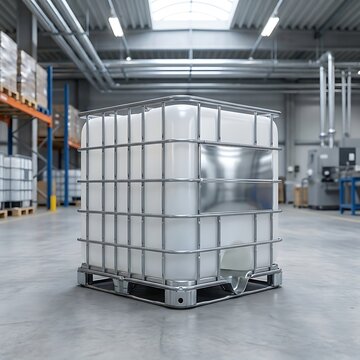 Large white plastic industrial liquid container tank with metal cage on a wooden pallet in warehouse. ibc container