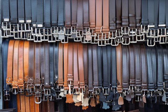 Cerdal, portugal; 08 10 2026 leather belts in various colors on display
