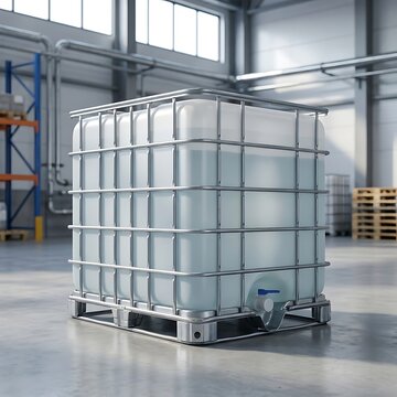 Large plastic liquid storage container with a metal cage frame standing on a pallet in a warehouse. ibc container