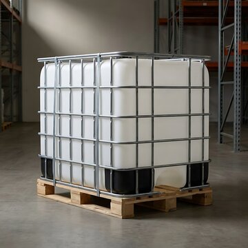 Large plastic water tank container on a wooden pallet inside a dark industrial warehouse storage area. ibc container