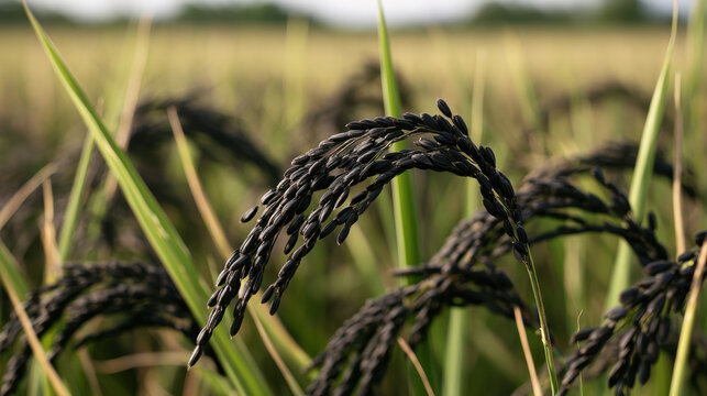 Mature black rice panicles with dark grains bending among green leaves in an agricultural field approaching harvest