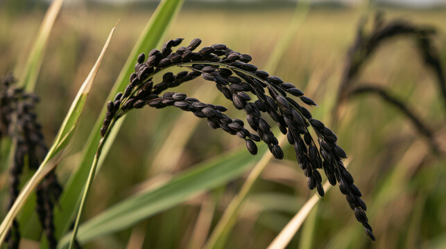 Black rice panicles filled with mature dark grains growing among green leaves in an agricultural field near harvest