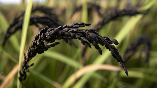 Mature black rice panicle with dark grains bending among green leaves in a field approaching harvest