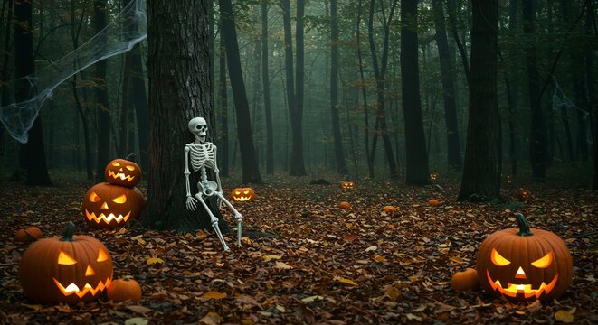 Spooky Halloween scene with a human skeleton leaning against a tree trunk and glowing carved jack-o-lanterns in a misty dark forest