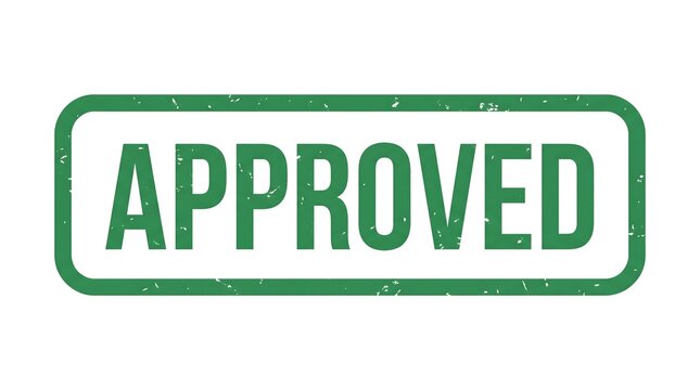 Approved rubber stamp with green ink texture isolated on white background showing a classic rectangular design for business documentation use