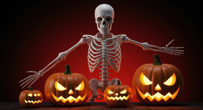 Human skeleton posing with outstretched arms behind glowing Halloween jack-o-lantern pumpkins on dark background.