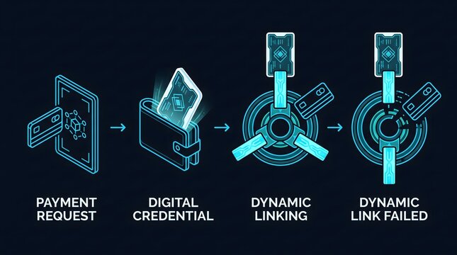 Mobile payment request and digital credential linking process diagram with neon tech icons