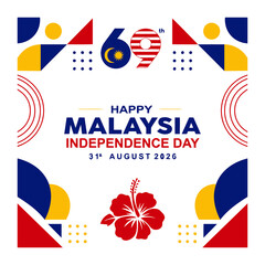 Malaysia independence day banner design with national flag geometric frame hibiscus flower background 69th anniversary celebration visual © Joy