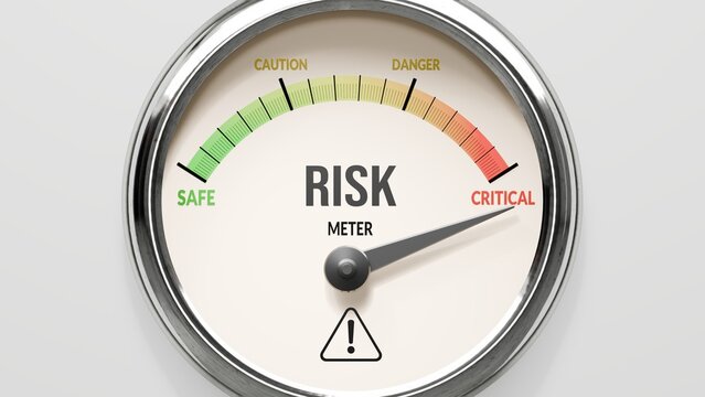 Risk - risk meter at maximum. High and rising values of risk. Meter needle reaching critical levels. Risk values off the charts. (No AI, made by humans for humans). ,3d illustration