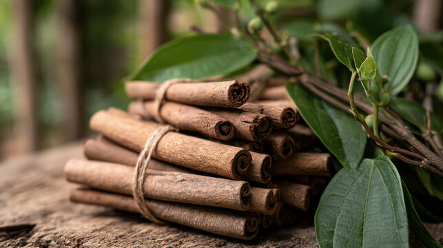 Bundles of cinnamon bark sticks with fresh green leaves displayed on a rustic wooden surface