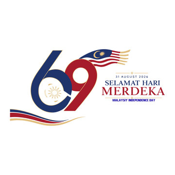 Selamat hari merdeka 31 August Malaysia independence day 69 logo design with fireworks and national flag emblem
