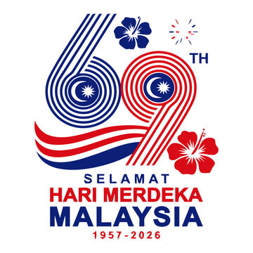 Selamat hari merdeka Malaysia stylized 69 outline number logo with flag star crescent and hibiscus flower celebration background