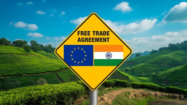 Free trade agreement sign between european union and india in green agricultural landscape