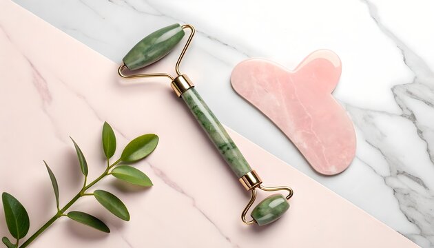 Green jade facial roller and pink quartz gua sha on marble surface
