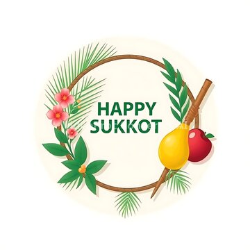 Image is a digital illustration with a circular layout featuring a festive theme. At the center, bold green text reads 'HAPPY SUKKOT' in a sans-serif font. Surrounding the text are various symbolic el