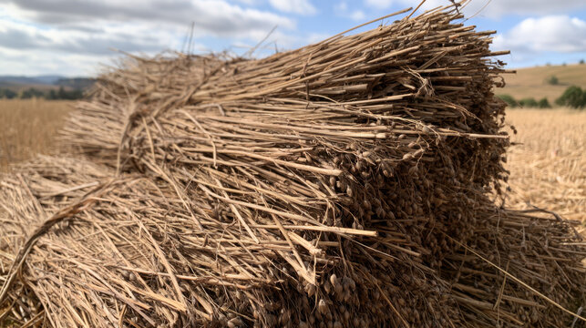 Freshly harvested flax stalk bundles with mature seed capsules drying in a rural field after harvest