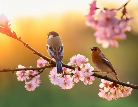 two birds sitting on a branch with flowers in morning spring