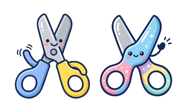 Two cute cartoon scissors characters with happy faces waving hands