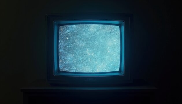 tv static on vintage cathode ray television, blue snow filling curved glass screen in dark room with wooden console, old electronics showing textured interference and faint glow,