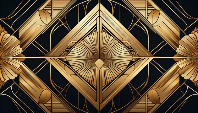 elegant art deco pattern featuring symmetrical golden geometric shapes and intricate decorative lines on a luxurious black background repeating retro opulent