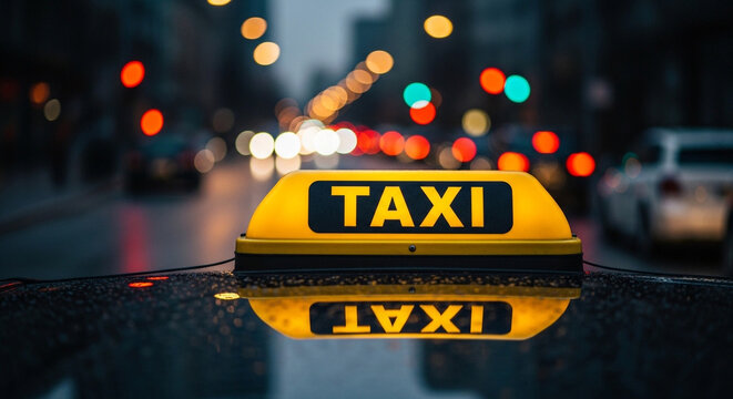 Yellow illuminated taxi sign on a car roof at night with city street bokeh lights and reflection on wet surface.