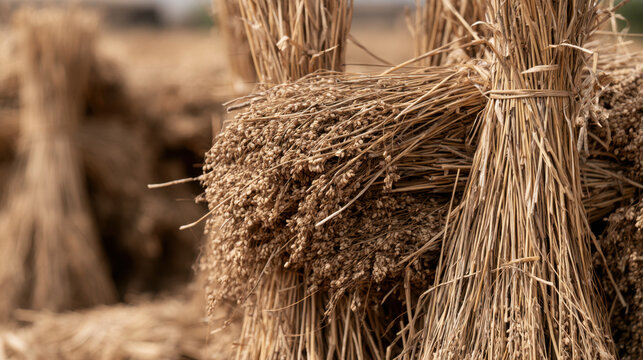 Bundles of harvested sesame plants drying upright after harvest with mature seed pods and golden stems in a traditional agricultural field