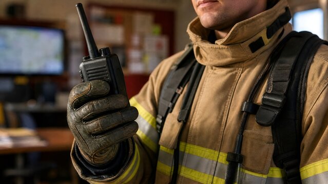 Firefighter Communicating Through a Portable Radio Inside an Emergency Dispatch Station