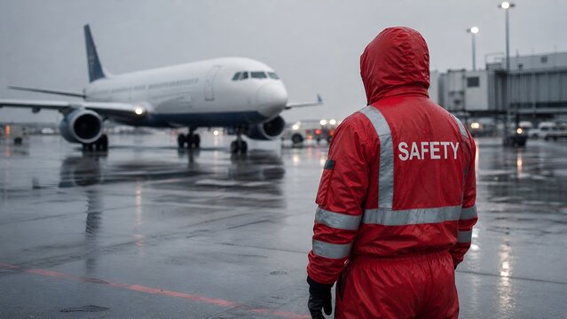 Ground Crew Member in Red Protective Gear Supervising an Aircraft on a Rainy Airport Tarmac