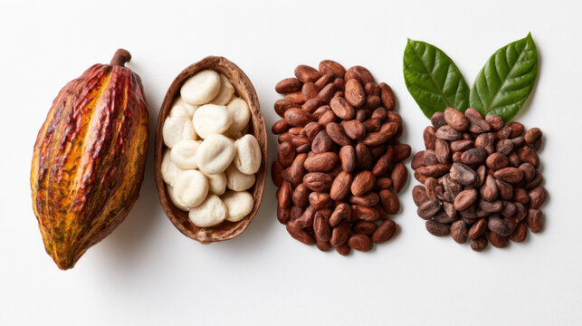 Cacao pod and cocoa beans showing stages of cacao processing