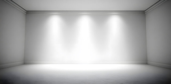 Minimal white empty room with three bright spotlights illuminating the wall, ideal for product display, exhibition and presentation.