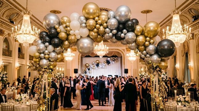 Elegant ballroom event decorated with a large arch of gold silver and black balloons