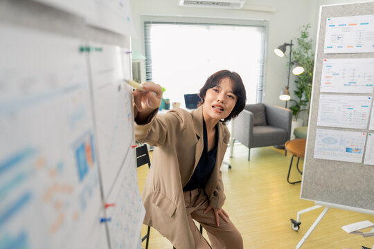 Confident businesswoman pointing at whiteboard chart, explaining strategy and presenting data during office meeting, close-up dynamic angle capturing leadership and business presentation concept