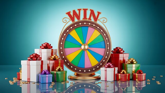 Colorful prize wheel with gifts and winning concept for festive game event