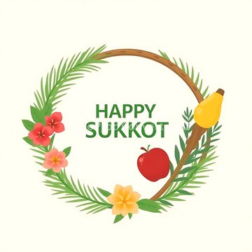 Image is a digital illustration with a circular layout featuring a festive theme. At the center, bold green text reads 'HAPPY SUKKOT' in a sans-serif font. Surrounding the text are various symbolic el