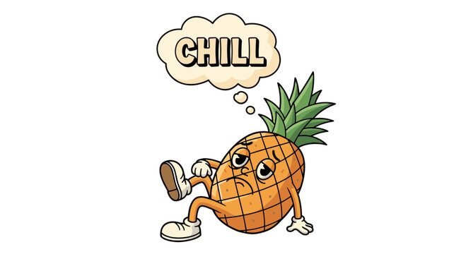 Retro cartoon pineapple character feeling sad and lonely with a chill speech bubble in a vintage comic style.