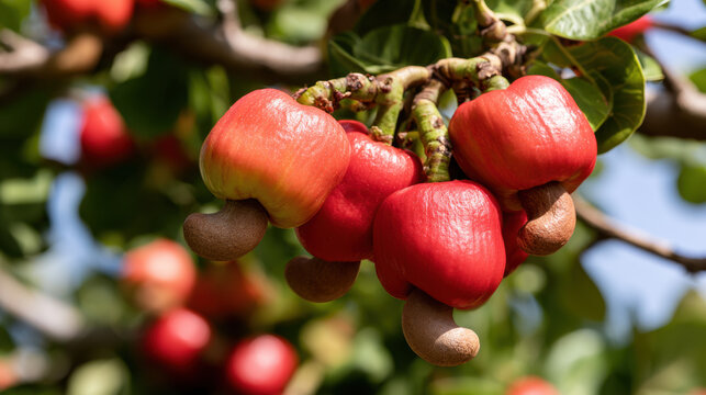 Cluster of ripe cashew apples and nuts hanging from a tropical tree