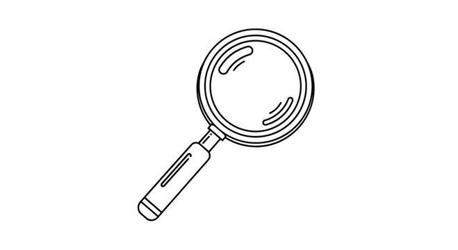 Simple line art of a magnifying glass angled to the right representing search research and investigation on a white background.