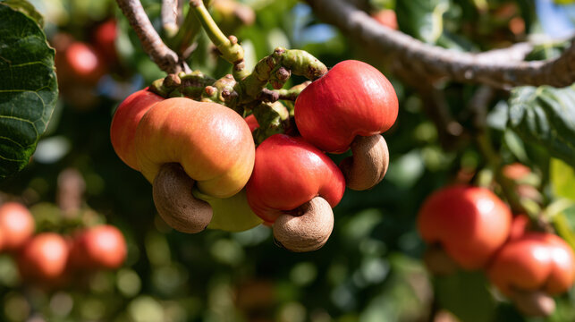 Ripe red cashew apples with nuts growing on a tropical cashew tree