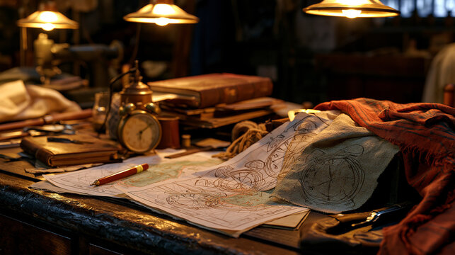 A sail maker's workshop lit by warm hanging pendant lamps holds a symbolic still life of tide charts and multiple overlapping alarm clock sketches drawn onto canvas scraps, the visual reminder syste