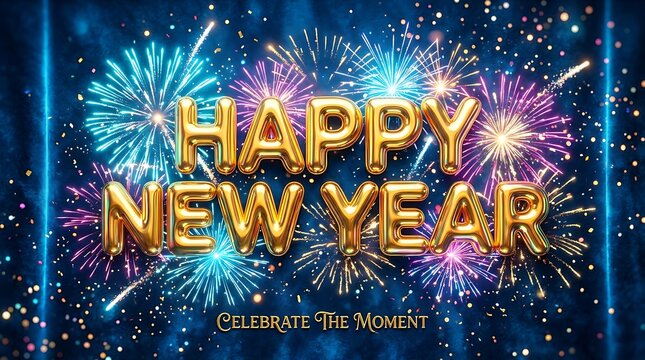 Gold foil balloon text reading Happy New Year against a dark blue background with colorful fireworks