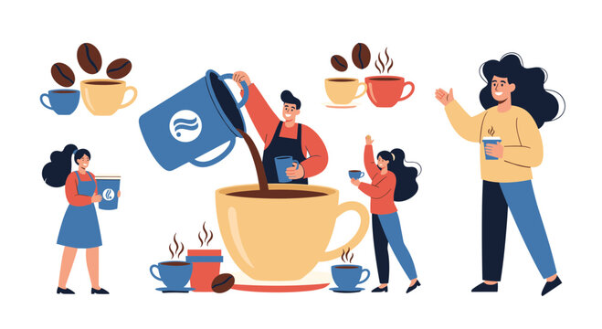 Concept illustration of coffee making with giant cups, beans, and tiny people working as baristas and customers.