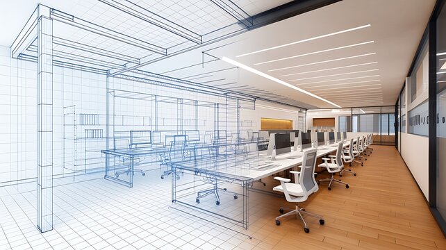 Modern office interior combining architectural wireframe design with furnished workspace
