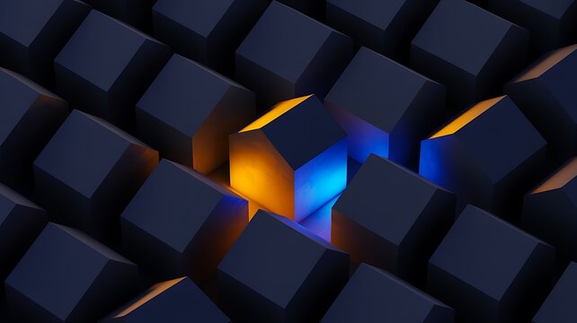 Abstract glowing cube emerging from dark geometric blocks representing innovation