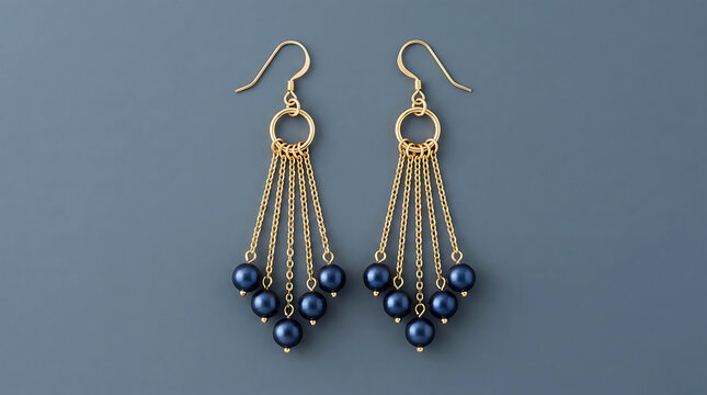 Gold chandelier earrings with blue pearl drops